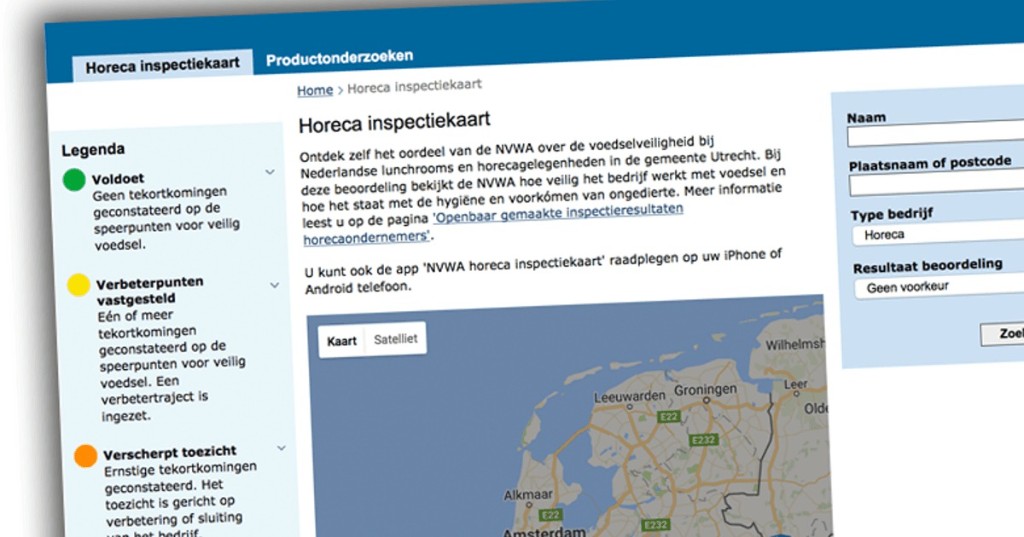 NVWA Horeca inspectiekaart: kaart van Nederland met beoordelingen voor voedselveiligheid, hygiëne en plaagdierbeheersing