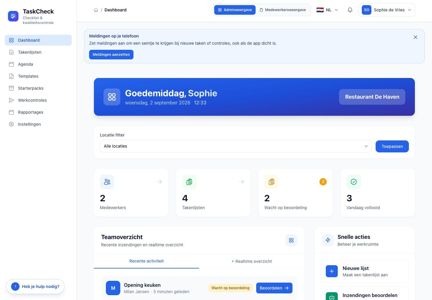 TaskCheck dashboard — live voortgang per team en locatie