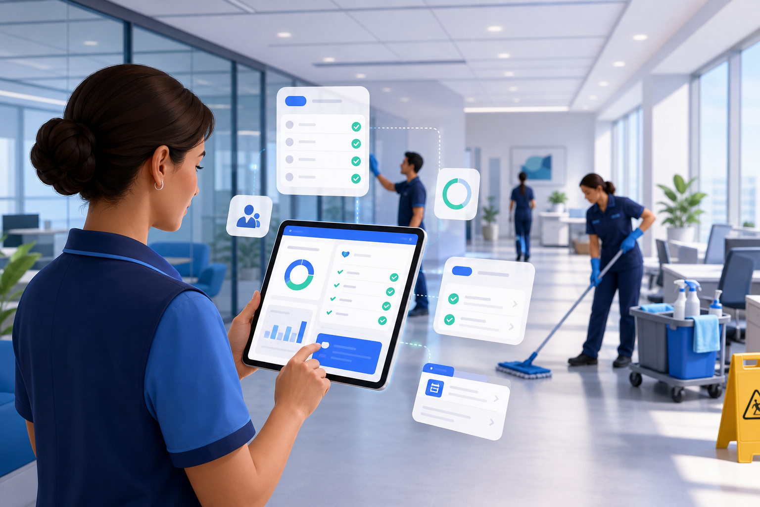 Checklist app schoonmaak – teamleider controleert dashboard terwijl medewerkers aan het werk zijn
